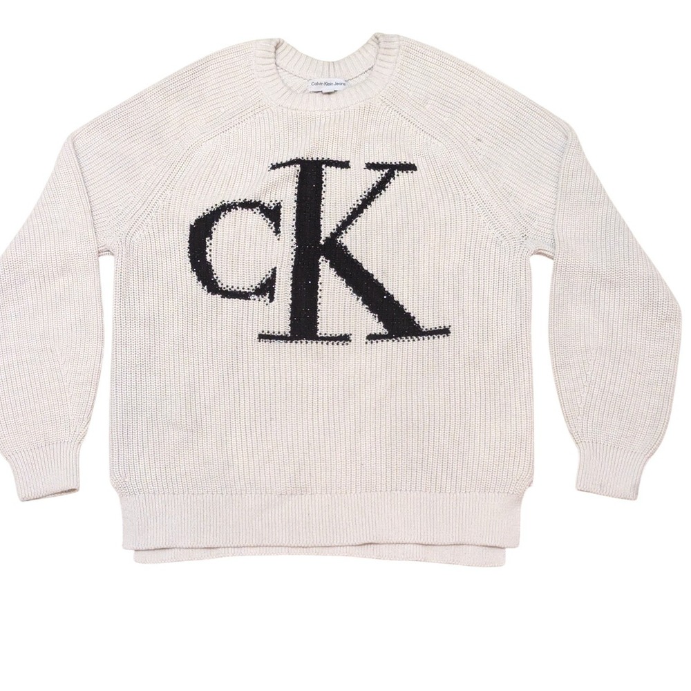 Calvin Klein Jeans Sweater Small White Knit CK‎ Logo Pullover